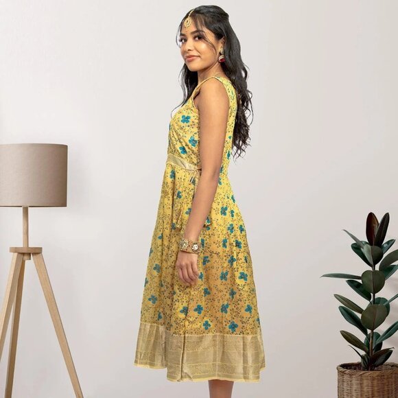 Buy Elegant Gold Silk Knee Length Dress | Muvvas Boutique - Picture 4 of 5